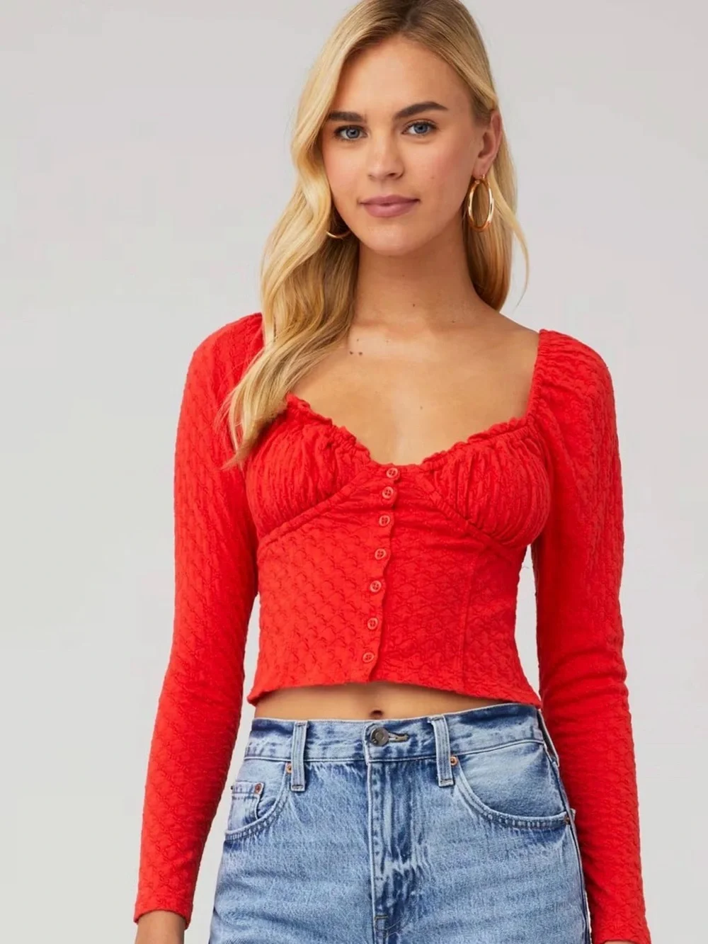 Free People Ladybug Red Long-Sleeve Cropped Button Front Top, guc, sz Xs